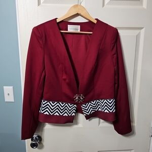 Giovanna Crimson Red Black & White Chevron Beaded & Jeweled Blazer Womens 12 EUC